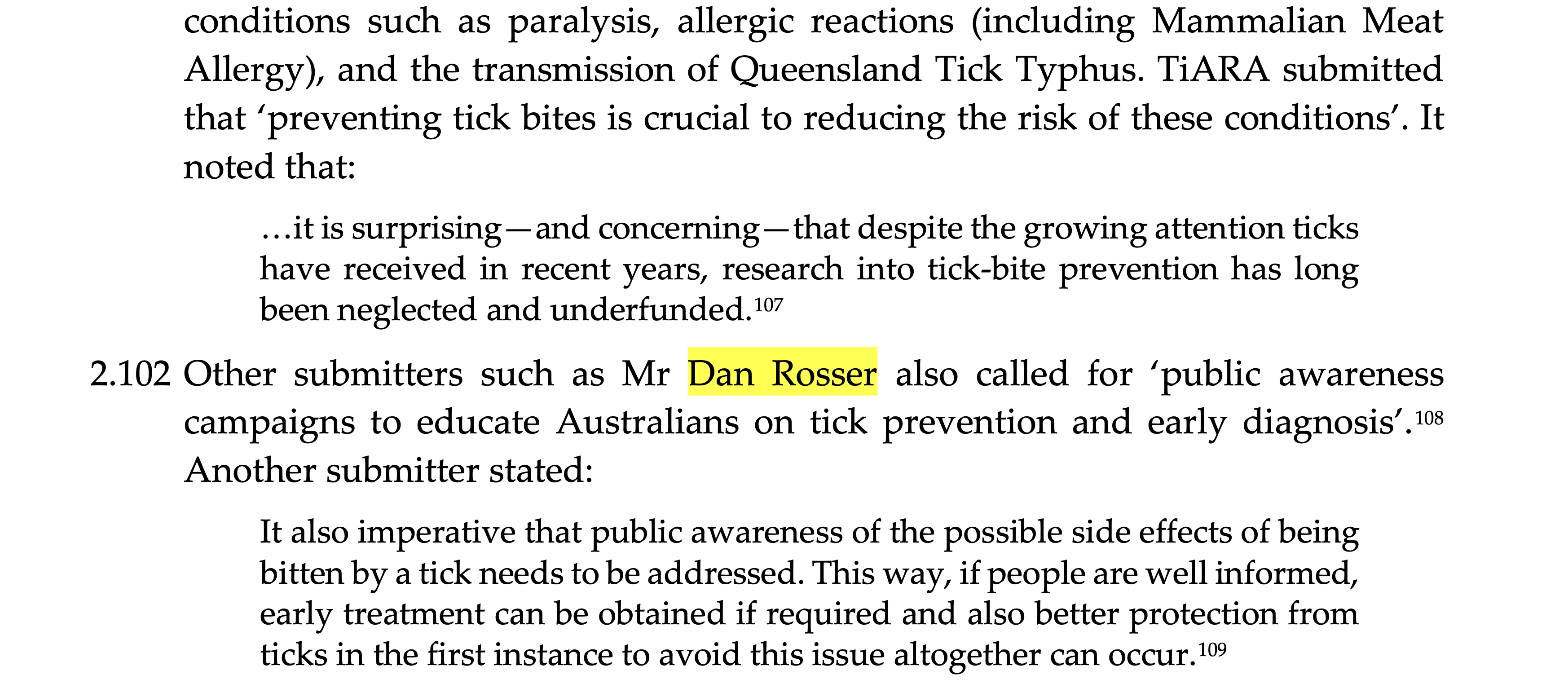 Australian Senate inquiry document excerpt mentioning Mr Dan Rosser calling for public awareness on tick prevention and early diagnosis.